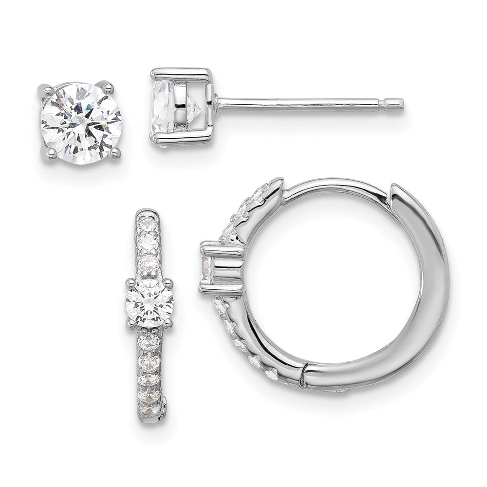 Rhodium-plated Silver 5mm CZ Studs and Hinged Hoop Earrings Set