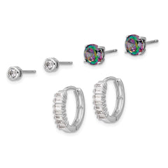 Rhodium-plated Silver Mystique and White CZ Post Hoop 3 Earrings Set