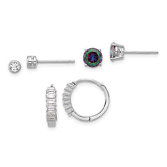 Rhodium-plated Silver Mystique and White CZ Post Hoop 3 Earrings Set