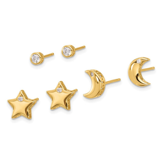 Yellow Gold-plated Sterling Silver CZ Moon Star and Round Set of 3 Post Earrings