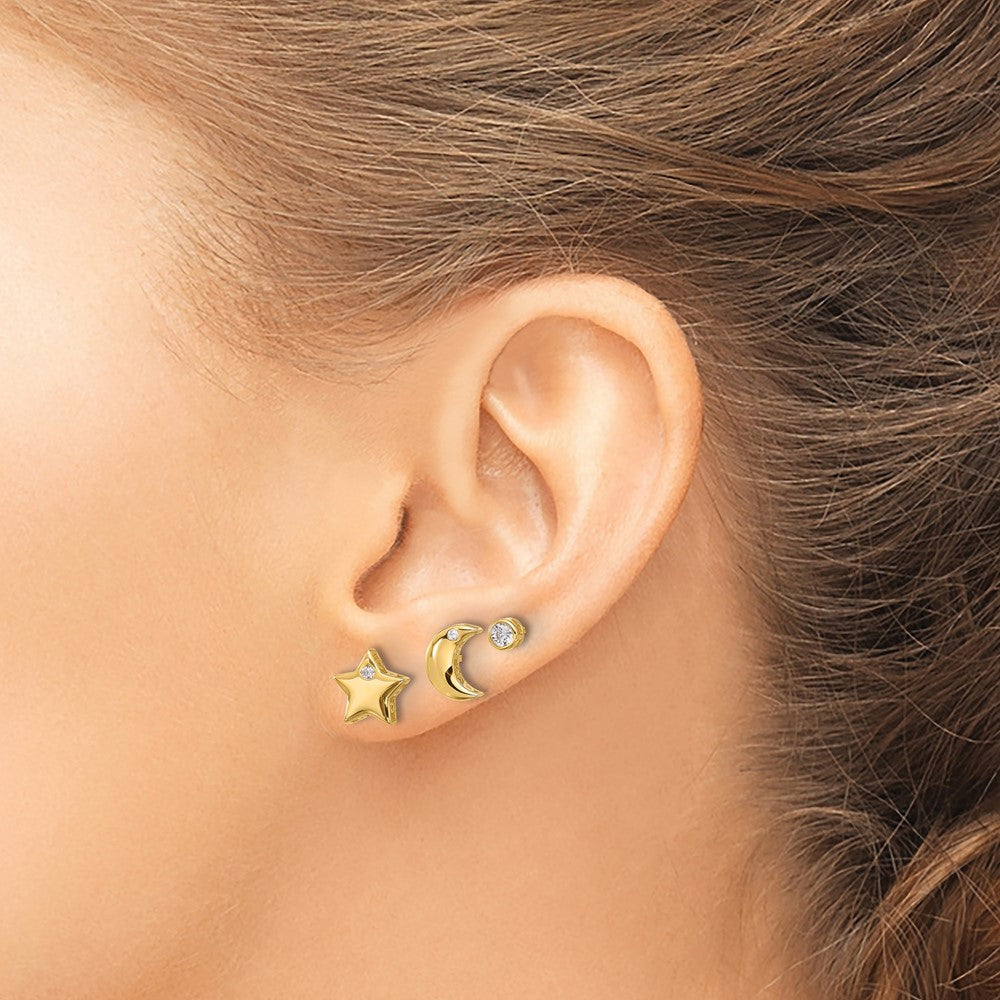 Yellow Gold-plated Sterling Silver CZ Moon Star and Round Set of 3 Post Earrings