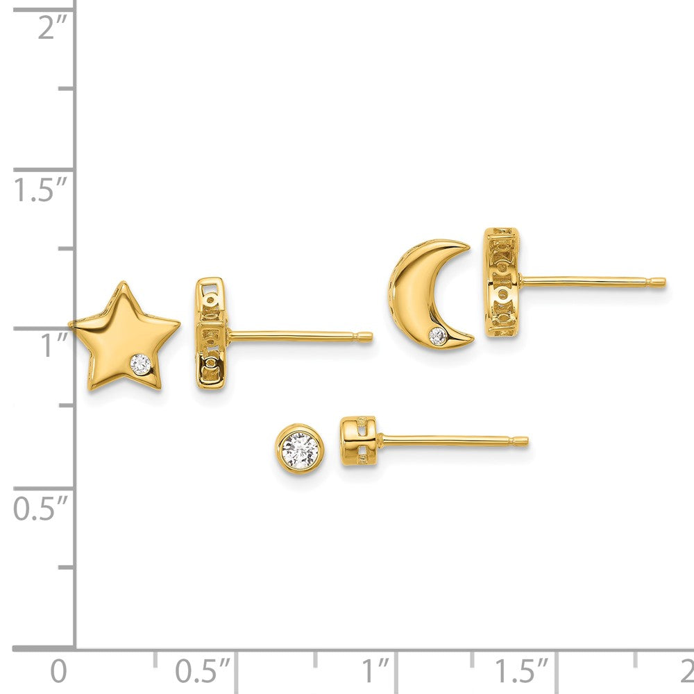 Yellow Gold-plated Sterling Silver CZ Moon Star and Round Set of 3 Post Earrings