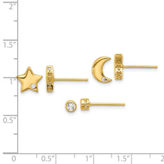 Yellow Gold-plated Sterling Silver CZ Moon Star and Round Set of 3 Post Earrings