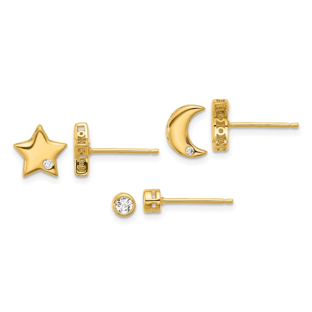 Yellow Gold-plated Sterling Silver CZ Moon Star and Round Set of 3 Post Earrings