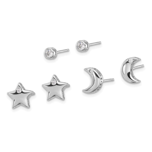 Rhodium-plated Silver CZ Moon Star and Round Set of 3 Post Earrings