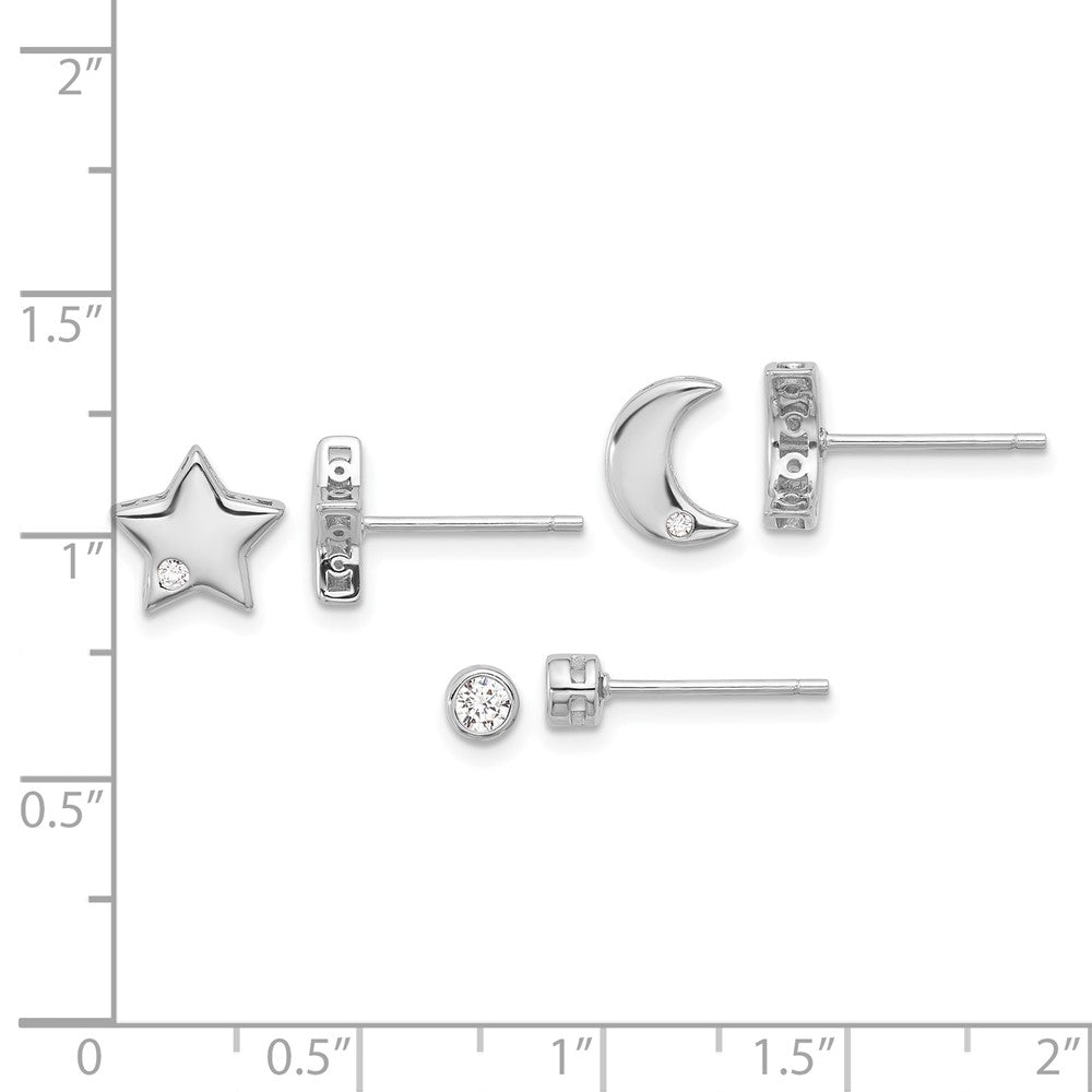 Rhodium-plated Silver CZ Moon Star and Round Set of 3 Post Earrings