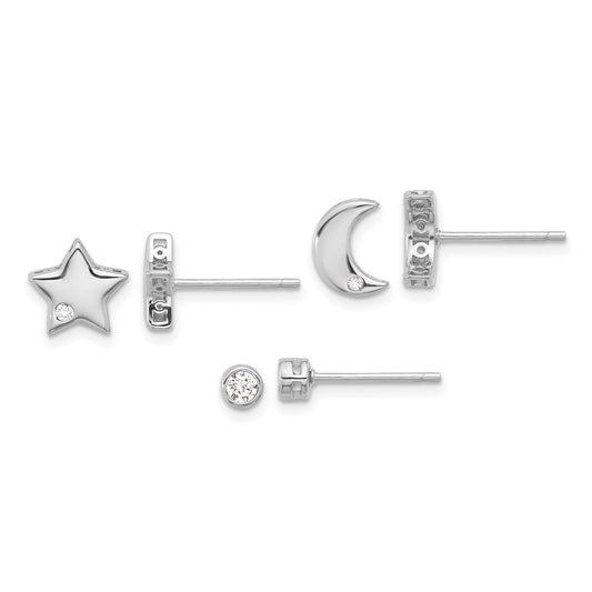 Rhodium-plated Silver CZ Moon Star and Round Set of 3 Post Earrings