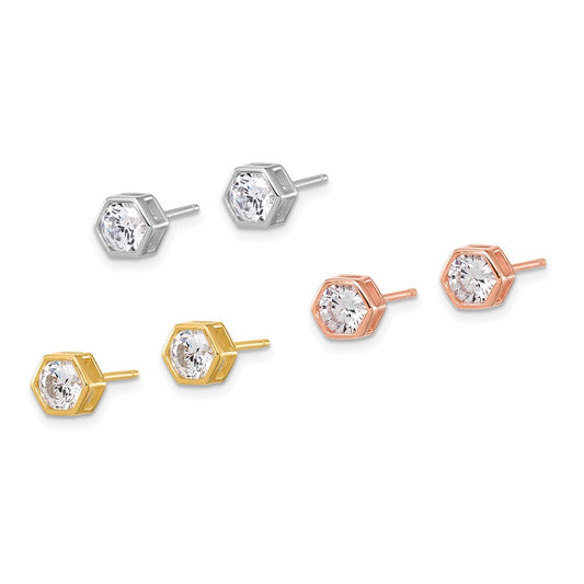 Rhodium-plated Silver Rose and Gold-tone CZ Set of 3 Post Earrings