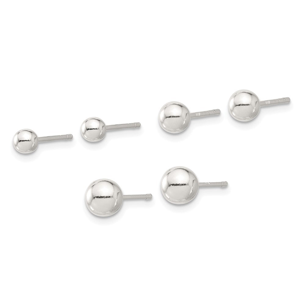 Sterling Silver E-coated 4mm, 5mm and 6mm Ball Post Earrings Set