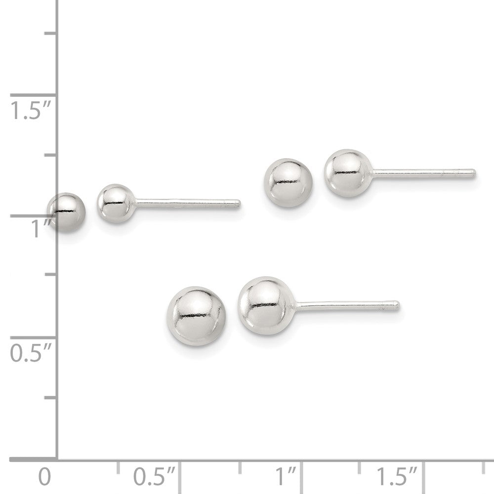 Sterling Silver E-coated 4mm, 5mm and 6mm Ball Post Earrings Set