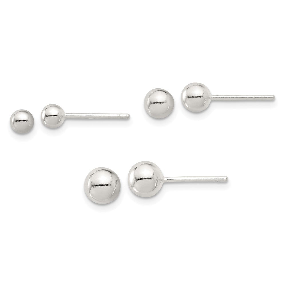 Sterling Silver E-coated 4mm, 5mm and 6mm Ball Post Earrings Set