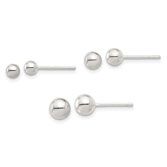 Sterling Silver E-coated 4mm, 5mm and 6mm Ball Post Earrings Set