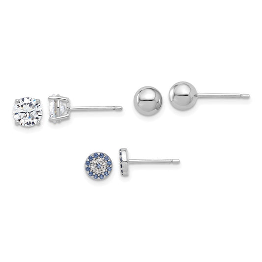 Rhodium-plated Sterling Silver CZ Glass Crystal Ball 3 Pair Earrings Set