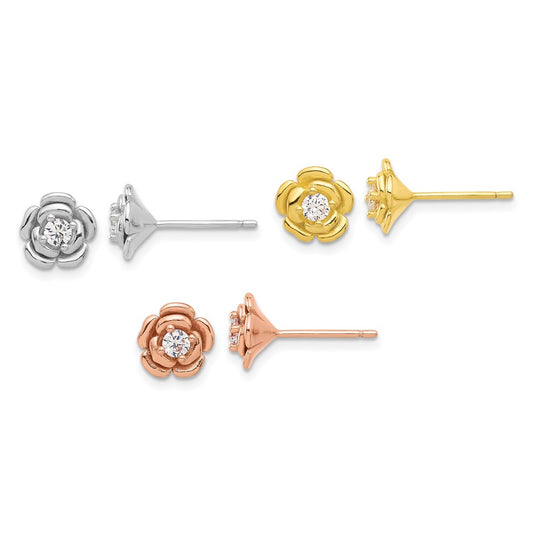 Sterling Silver, Yellow & Rose Gold-plated CZ Rose 3 Pair Earrings Set