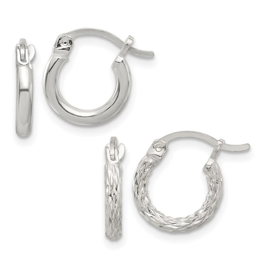 Sterling Silver Polished and Textured Diamond-cut Set of 2 Pairs of Hoop Earrings