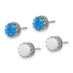 Rhodium-plated Sterling Silver 7mm Created Blue Opal and White Opal Post Earrings