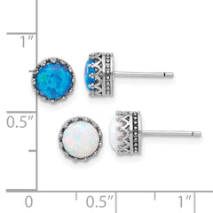 Rhodium-plated Sterling Silver 7mm Created Blue Opal and White Opal Post Earrings