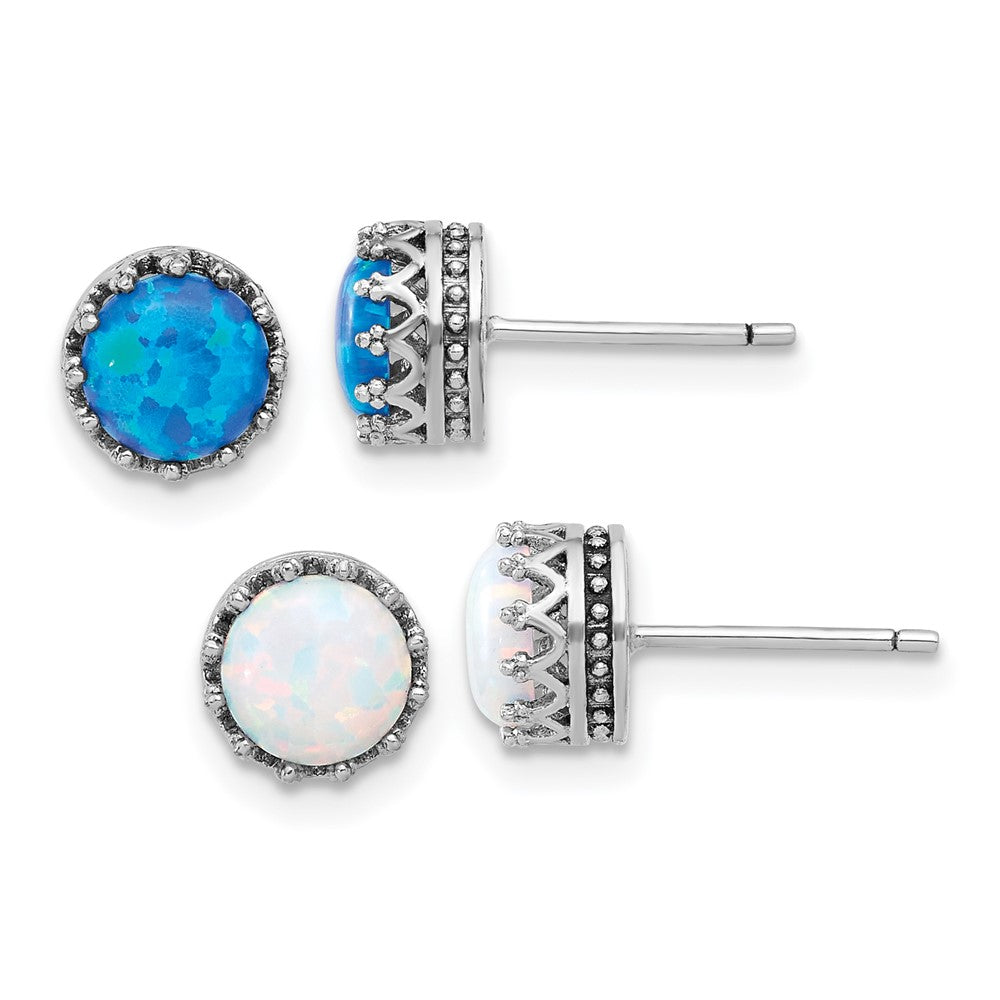 Rhodium-plated Sterling Silver 7mm Created Blue Opal and White Opal Post Earrings