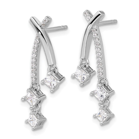 Rhodium-plated Sterling Silver Fancy CZ Dangle Post Earrings