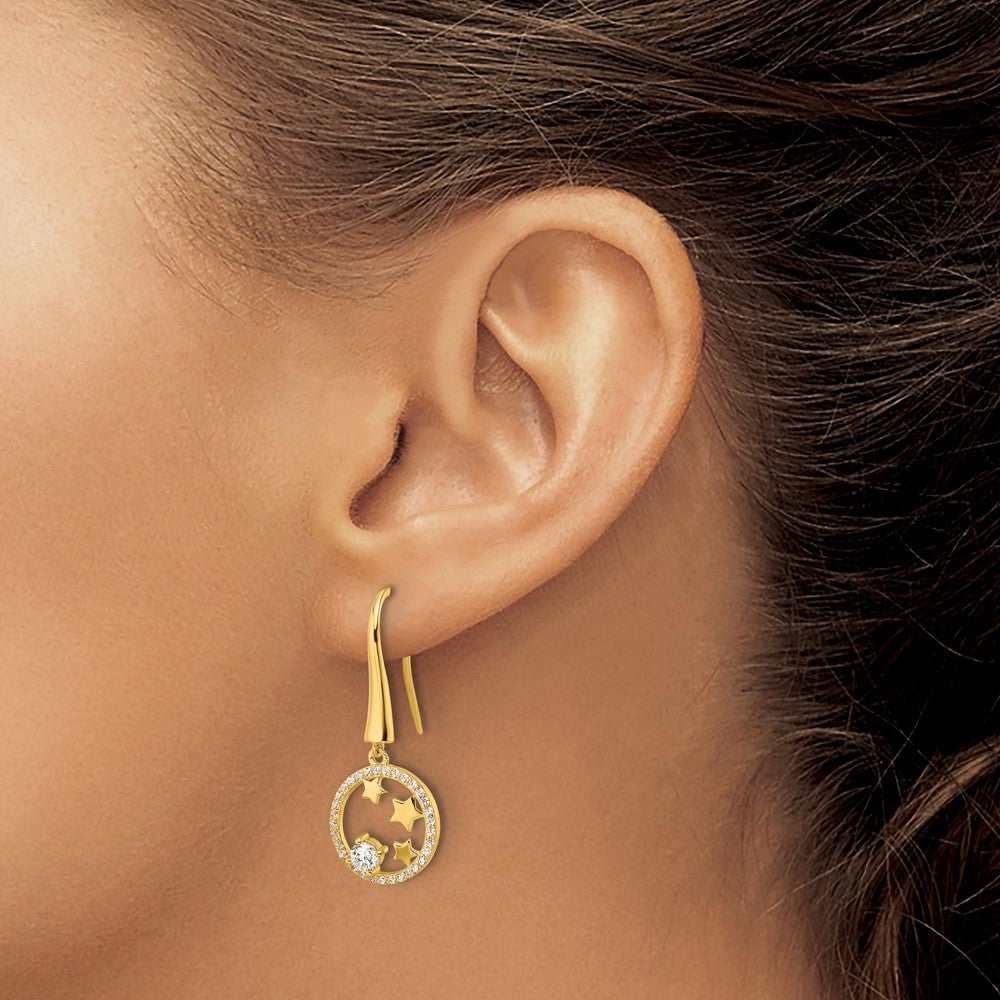 Sterling Silver Gold-plated CZ Stars Circle Shepherd Hook Earrings