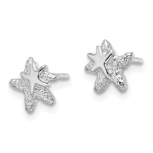 Rhodium-plated Silver Polished and Textured Starfish Earrings