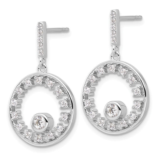 Rhodium-plated Sterling Silver Fancy Circle CZ Dangle Post Earrings