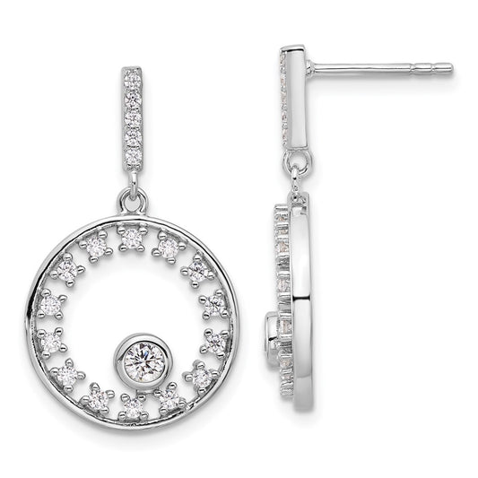 Rhodium-plated Sterling Silver Fancy Circle CZ Dangle Post Earrings