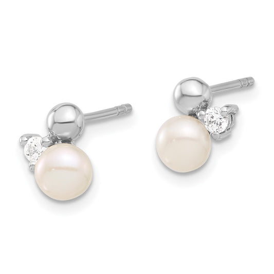 Rhodium-plated Sterling Silver CZ and FWC Pearl Post Earrings