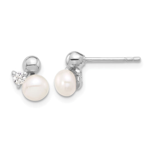 Rhodium-plated Sterling Silver CZ and FWC Pearl Post Earrings