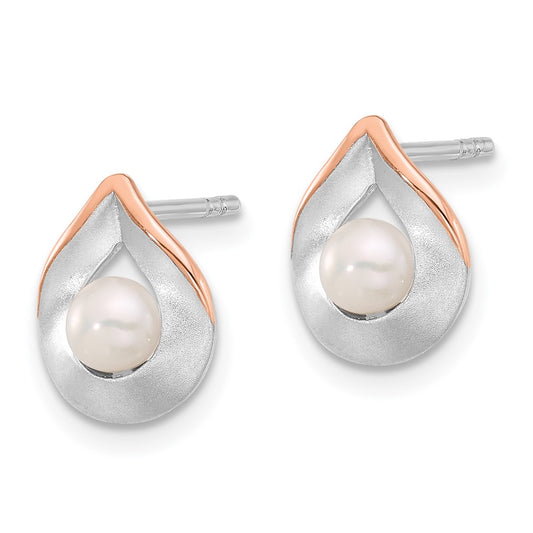 Sterling Silver & Rose Gold-plated Brushed Polished FWC Pearl Earrings