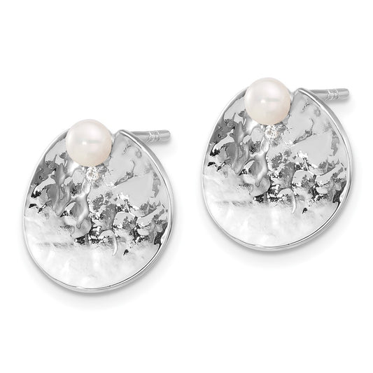 Rhodium-plated Sterling Silver Hammered CZ & FWC Pearl Round Earrings