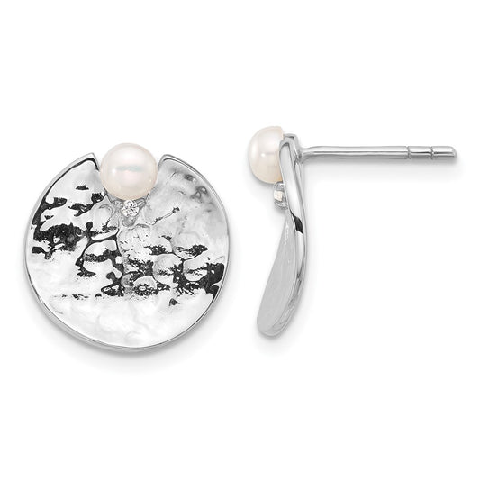 Rhodium-plated Sterling Silver Hammered CZ & FWC Pearl Round Earrings