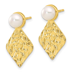 Yellow Gold-plated Sterling Silver Hammered FWC Pearl Dangle Post Earrings