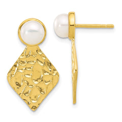 Yellow Gold-plated Sterling Silver Hammered FWC Pearl Dangle Post Earrings