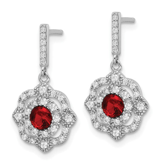 Rhodium-plated Silver Red Glass & Clear CZ Vintage Dangle Post Earrings