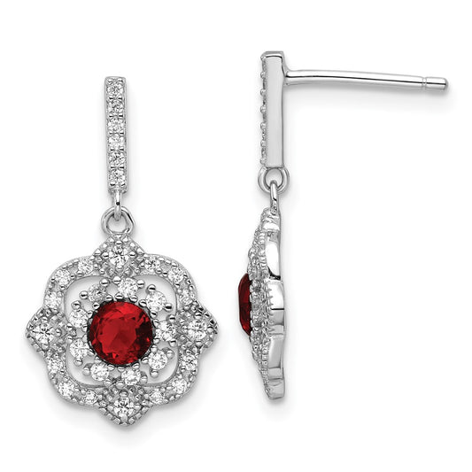 Rhodium-plated Silver Red Glass & Clear CZ Vintage Dangle Post Earrings