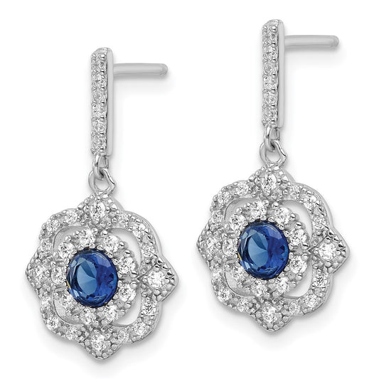 Rhodium-plated Sterling Silver Blue Glass & Clear CZ Vintage Dangle Post Earrings