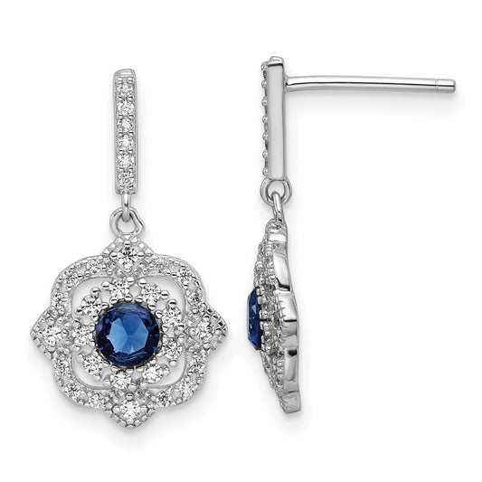 Rhodium-plated Sterling Silver Blue Glass & Clear CZ Vintage Dangle Post Earrings