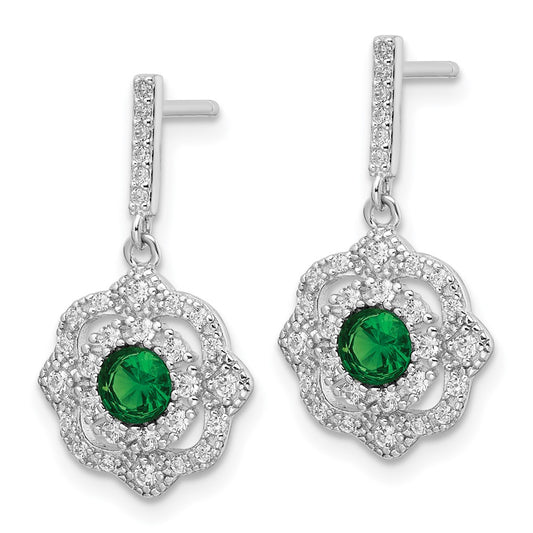 Rhodium-plated Sterling Silver Green Glass & Clear CZ Vintage Dangle Post Earrings