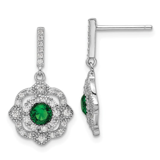 Rhodium-plated Sterling Silver Green Glass & Clear CZ Vintage Dangle Post Earrings