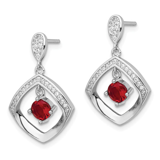 Rhodium-plated Silver Red Glass & Clear CZ Fancy Square Post Earrings