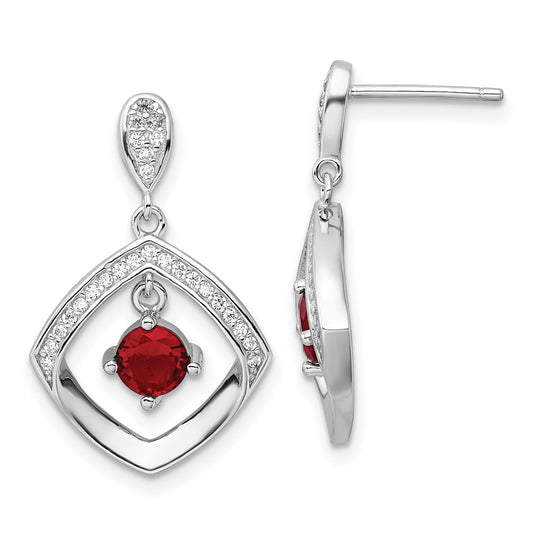 Rhodium-plated Silver Red Glass & Clear CZ Fancy Square Post Earrings