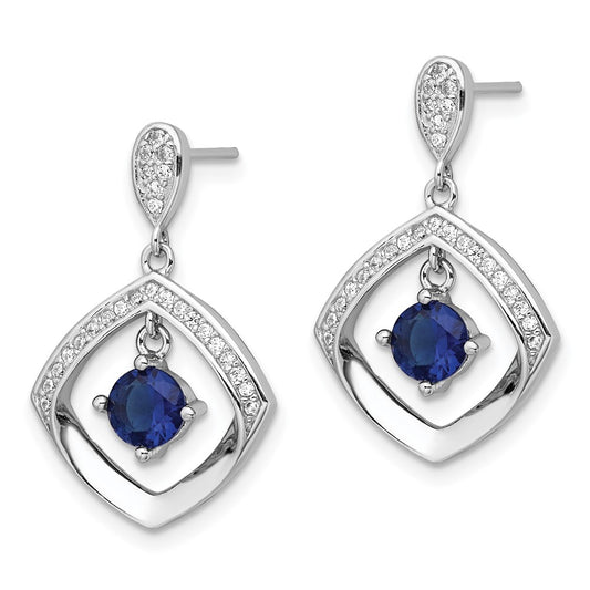 Rhodium-plated Sterling Silver Blue Glass & Clear CZ Fancy Square Post Earrings