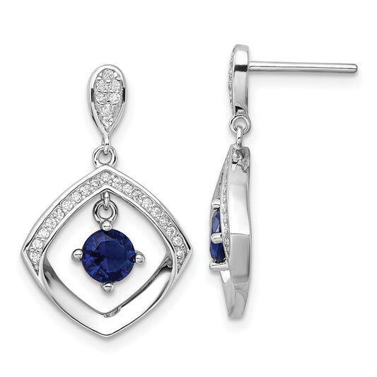 Rhodium-plated Sterling Silver Blue Glass & Clear CZ Fancy Square Post Earrings