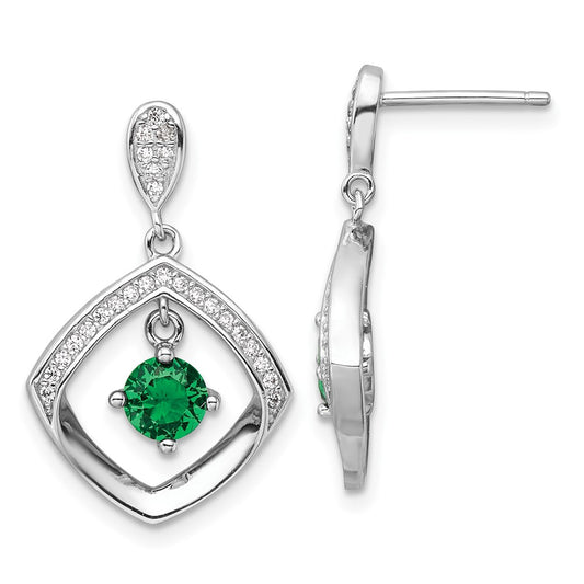 Rhodium-plated Sterling Silver Green Glass & Clear CZ Fancy Square Post Earrings