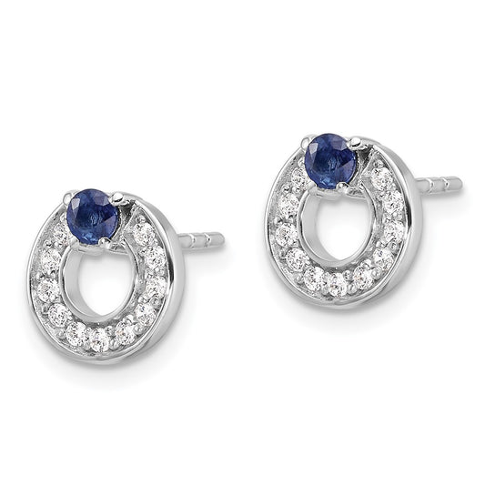 Rhodium-plated Silver CZ and Blue Sapphire Post Earrings