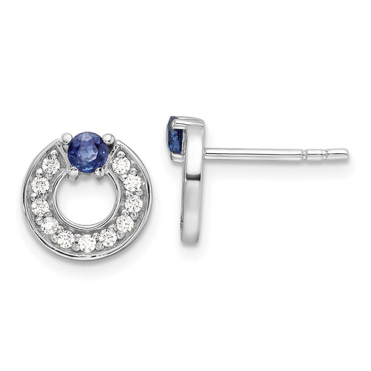 Rhodium-plated Silver CZ and Blue Sapphire Post Earrings