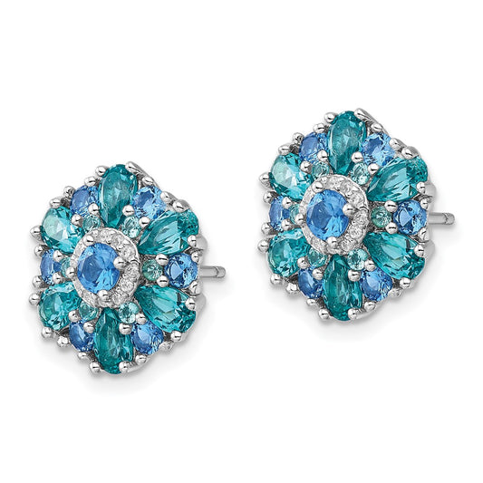 Rhodium-plated Sterling Silver Blue Green Nano Crystal & CZ Floral Post Earrings