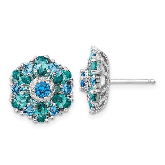 Rhodium-plated Sterling Silver Blue Green Nano Crystal & CZ Floral Post Earrings