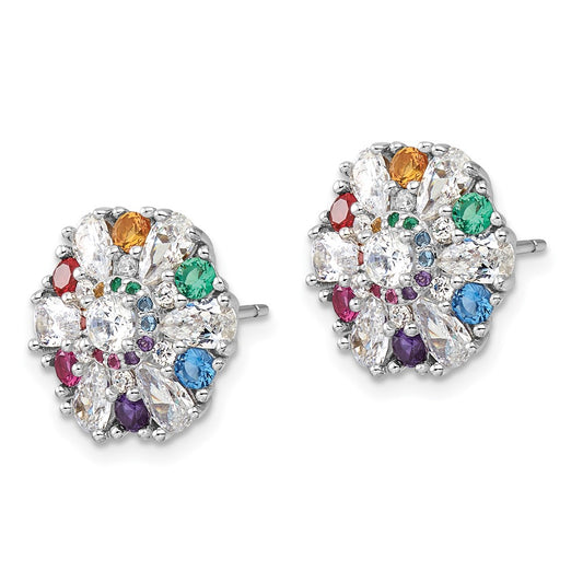 Rhodium-plated Sterling Silver Rainbow Nano Crystal & Clear CZ Post Earrings